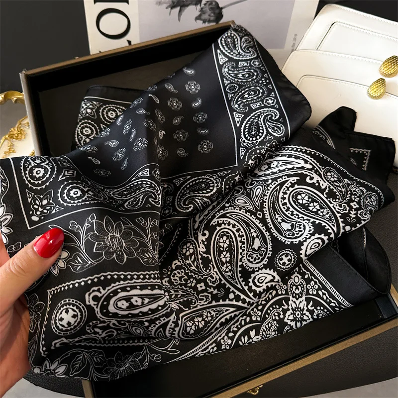 70*70cm Silk Square Scarf Women Soft Flower Print Hairband Foulard Neckerchief Hijab Tie Bag Ribbon Headband Fashion Bandana