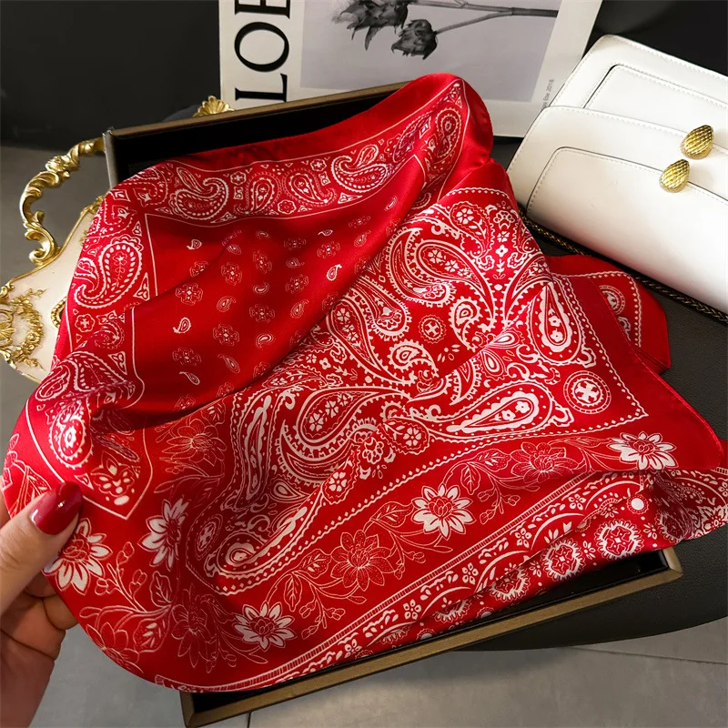 70*70cm Silk Square Scarf Women Soft Flower Print Hairband Foulard Neckerchief Hijab Tie Bag Ribbon Headband Fashion Bandana