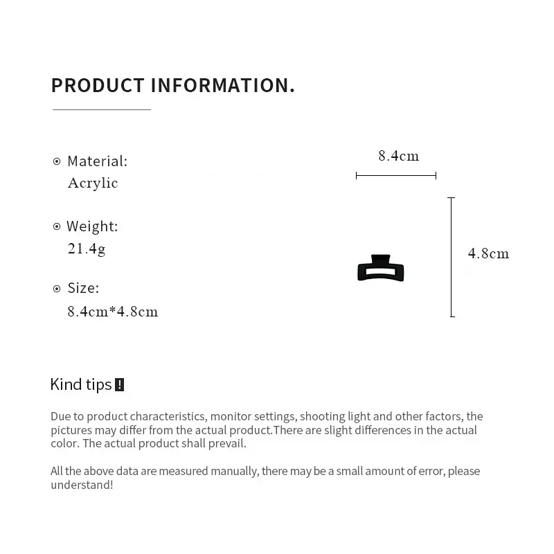 Black Geometric Square Hair Claw Clips for Women Hollow Acrylic Shark Clips Minimalist Back Head Hairgrips Accessories K