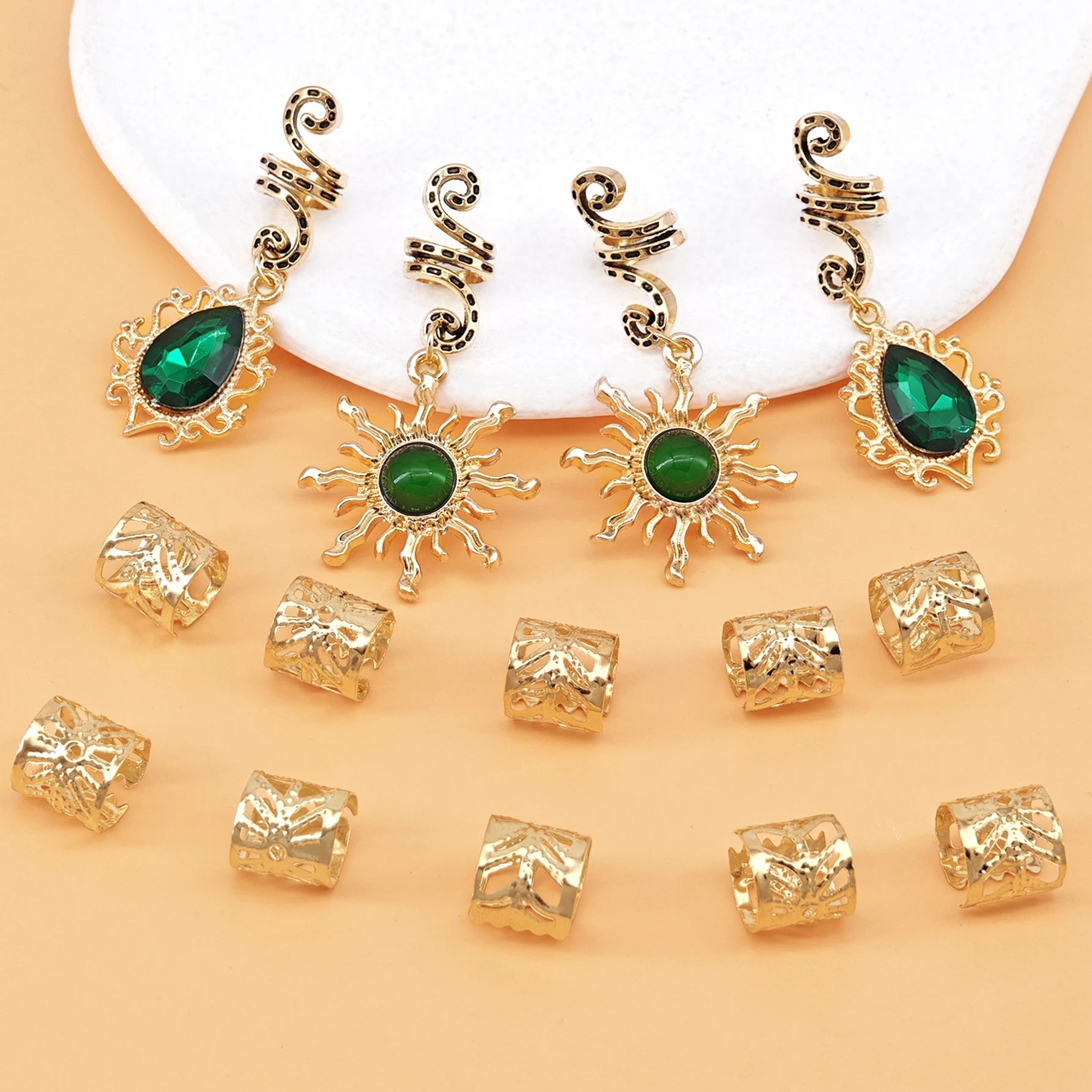 14PCS Sun Pattern Alloy Filigree Inlaid Rhinestone Teardrop Pendant Dreadlock Hair Braid Rings Hair Jewelry Accessories for girl
