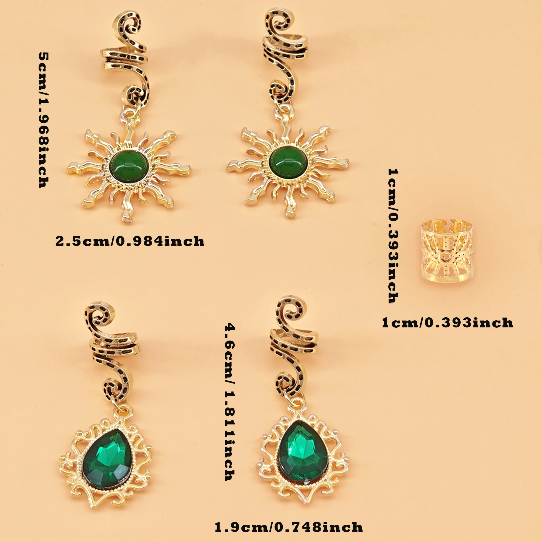 14PCS Sun Pattern Alloy Filigree Inlaid Rhinestone Teardrop Pendant Dreadlock Hair Braid Rings Hair Jewelry Accessories for girl