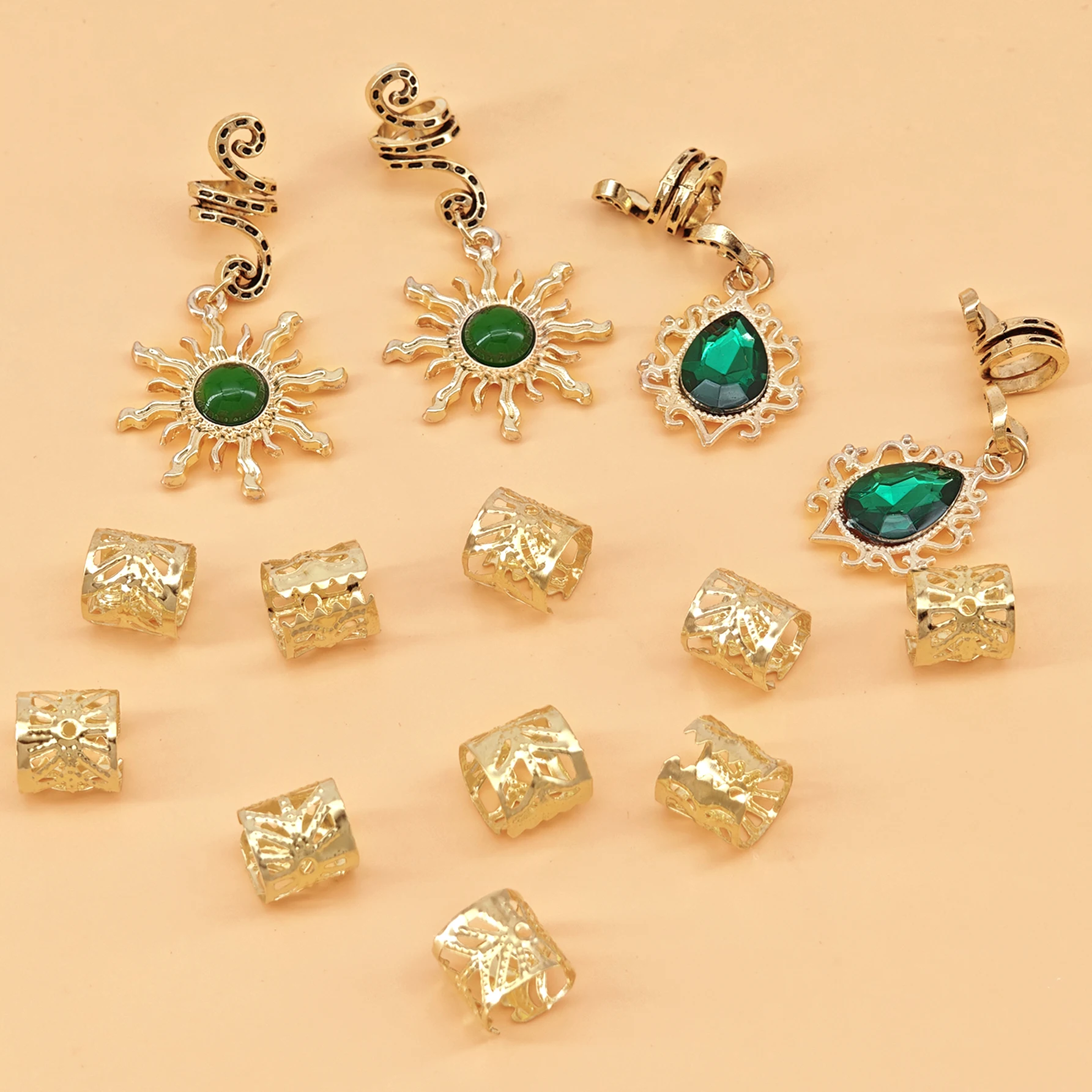 14PCS Sun Pattern Alloy Filigree Inlaid Rhinestone Teardrop Pendant Dreadlock Hair Braid Rings Hair Jewelry Accessories for girl