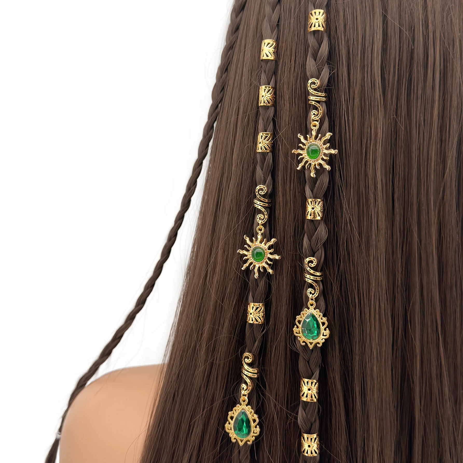 14PCS Sun Pattern Alloy Filigree Inlaid Rhinestone Teardrop Pendant Dreadlock Hair Braid Rings Hair Jewelry Accessories for girl