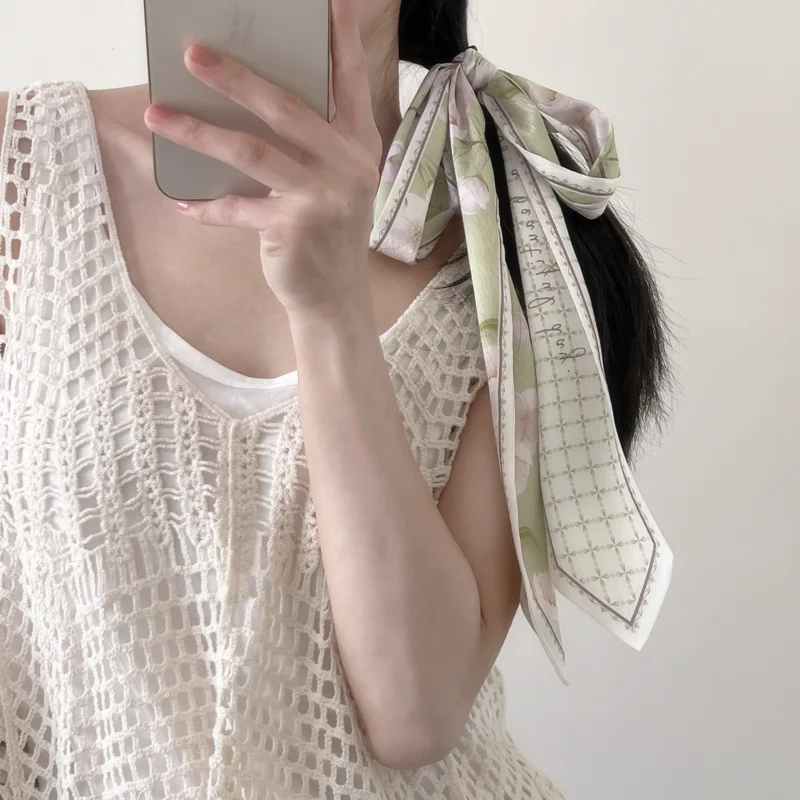 New Long Bag Scarf Women Hair Band Lady Accessories Print Skinny Scarves Headband Satin Ribbon Neck Tie Decorative Bag Scarves