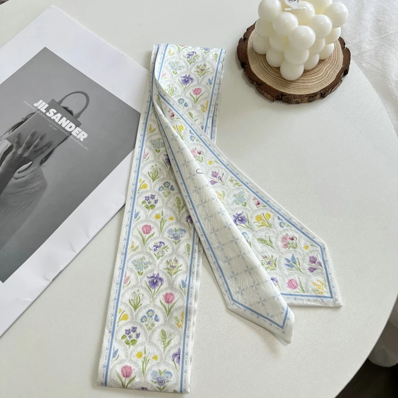 New Long Bag Scarf Women Hair Band Lady Accessories Print Skinny Scarves Headband Satin Ribbon Neck Tie Decorative Bag Scarves