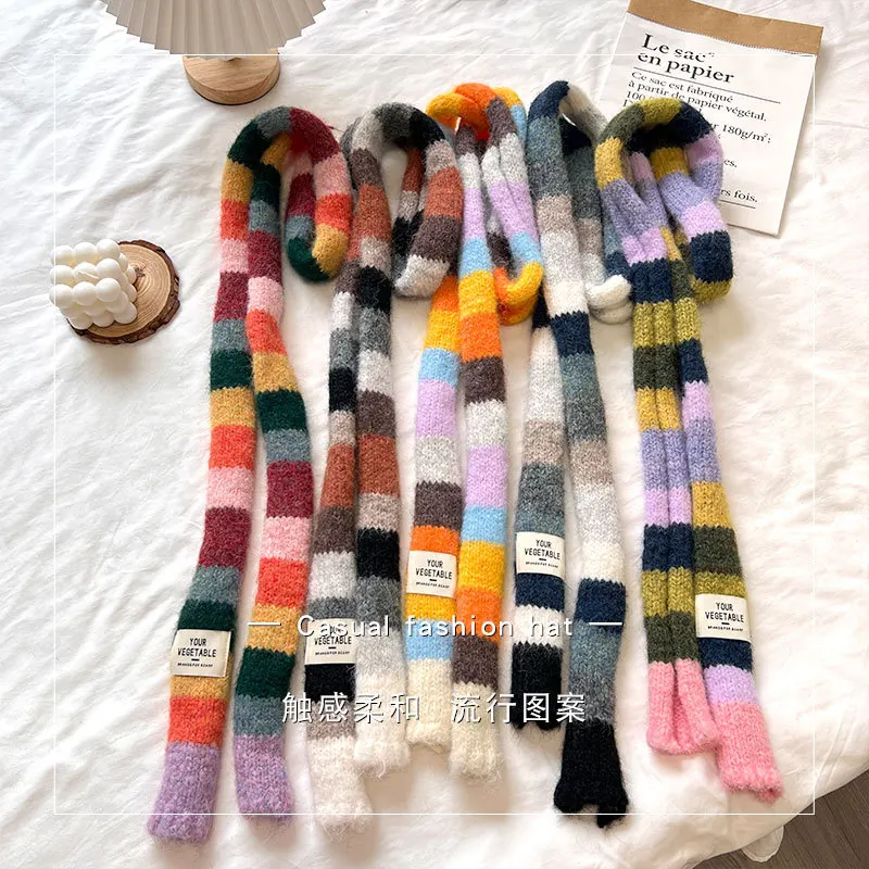 2025 Women's Thin Narrow Long Colorful Striped Scarf Autumn and Winter New Design Hot Girl All-Match Decorative Scarf