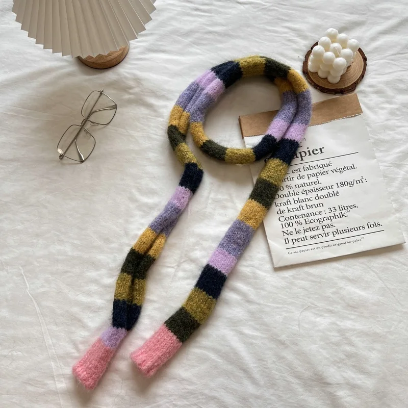 2025 Women's Thin Narrow Long Colorful Striped Scarf Autumn and Winter New Design Hot Girl All-Match Decorative Scarf