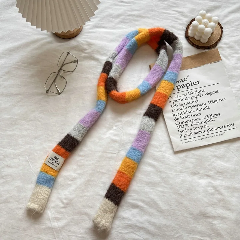 2025 Women's Thin Narrow Long Colorful Striped Scarf Autumn and Winter New Design Hot Girl All-Match Decorative Scarf