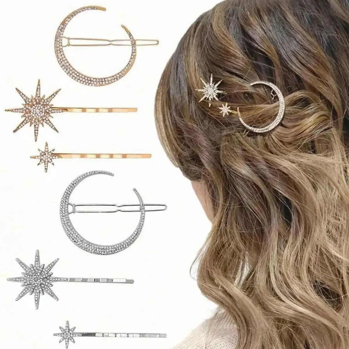 Women Side Clip Hair Barrettes Girl Accessories 3D Geometric Stars Moon Rhinestone Clips Set Silver Snowflake Star Hairpins