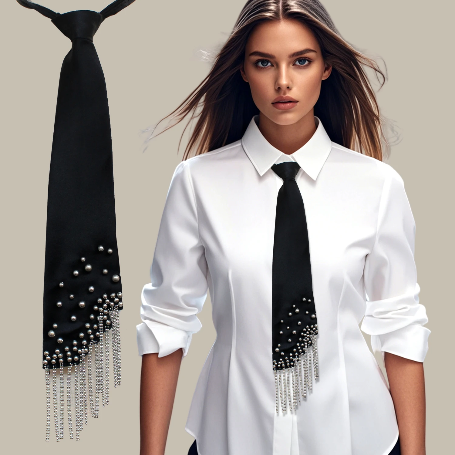One Piece of Ladies' Tassel Cravat. It Is Studded with Beads and Has a Chain Design, Featuring a Bohemian, punk, and Industrial