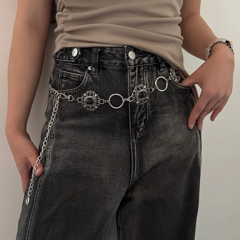 Women's Cosplay Waist Chain Belt Female Black Gems Stone Crystal Halloween Costume Gothic Accessories Punk Jeans Waistband