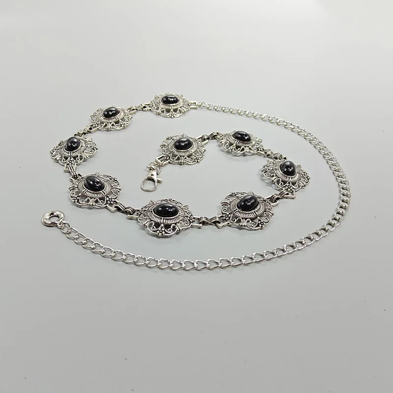 Women's Cosplay Waist Chain Belt Female Black Gems Stone Crystal Halloween Costume Gothic Accessories Punk Jeans Waistband