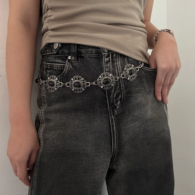 Women's Cosplay Waist Chain Belt Female Black Gems Stone Crystal Halloween Costume Gothic Accessories Punk Jeans Waistband