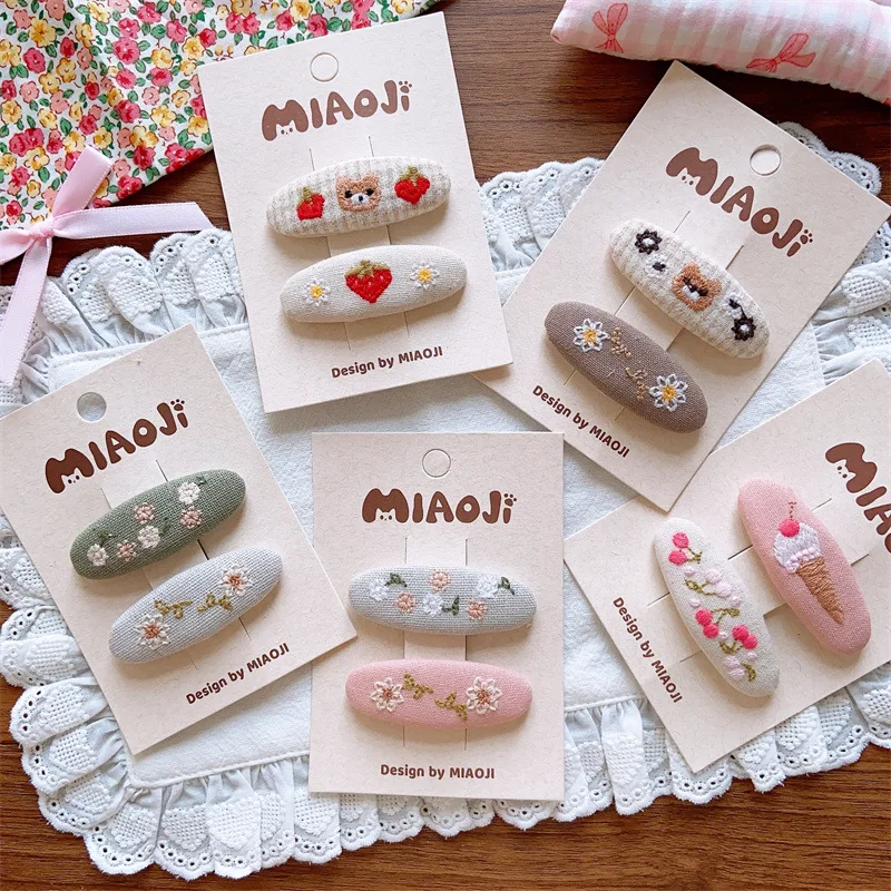 New Children Embroidered Cute Flower Hair Clips Fashion Sweet School Girls Water Droplet Hairpin Girl Baby Kid Headwear BB Clips