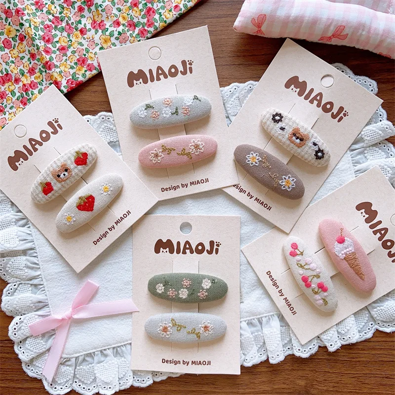 New Children Embroidered Cute Flower Hair Clips Fashion Sweet School Girls Water Droplet Hairpin Girl Baby Kid Headwear BB Clips