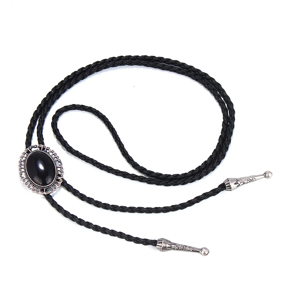 Vintage Elegant Stone Cowboy Black Bolo Tie Leather Rope Pendant Necktie Jewelry Western Tie for Men Women Costume Accessories