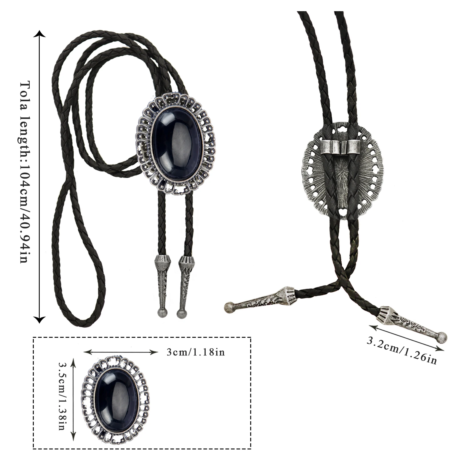 Vintage Elegant Stone Cowboy Black Bolo Tie Leather Rope Pendant Necktie Jewelry Western Tie for Men Women Costume Accessories