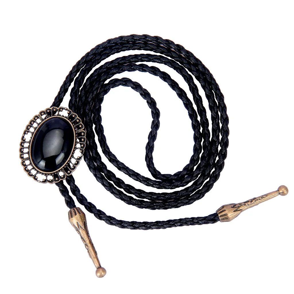 Vintage Elegant Stone Cowboy Black Bolo Tie Leather Rope Pendant Necktie Jewelry Western Tie for Men Women Costume Accessories