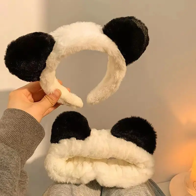 Plush Headband Panda Ears Hair Hoop Wash Face Hair Holder For Women Furry Hairbands Cartoon Head Hoop Makeup Hair Access