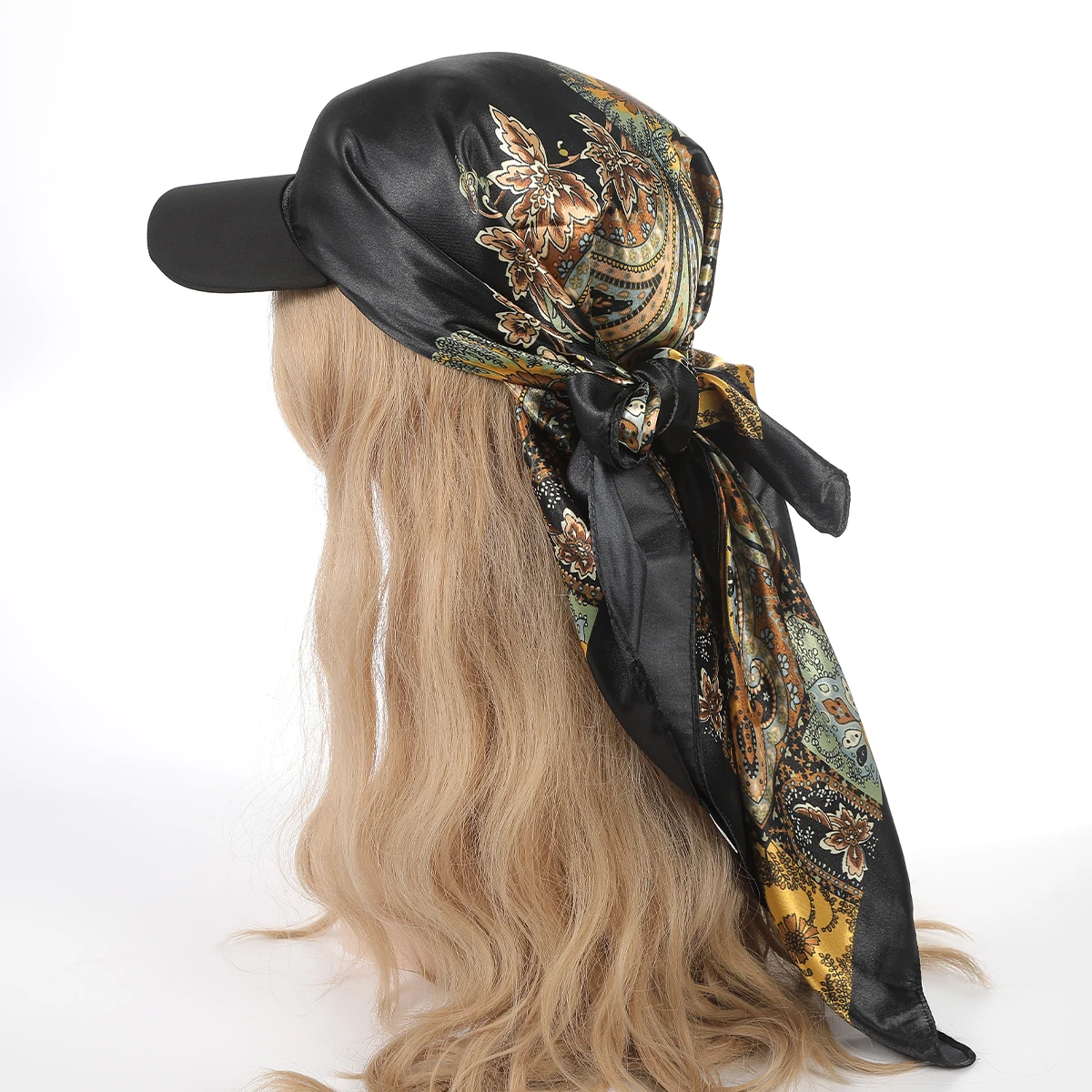 AWAYTR Floral Print Silk Square Scarf Hat Women Soft Satin Kerchief Hairband Neckerchief Head Hijab Lady Headband Headwear