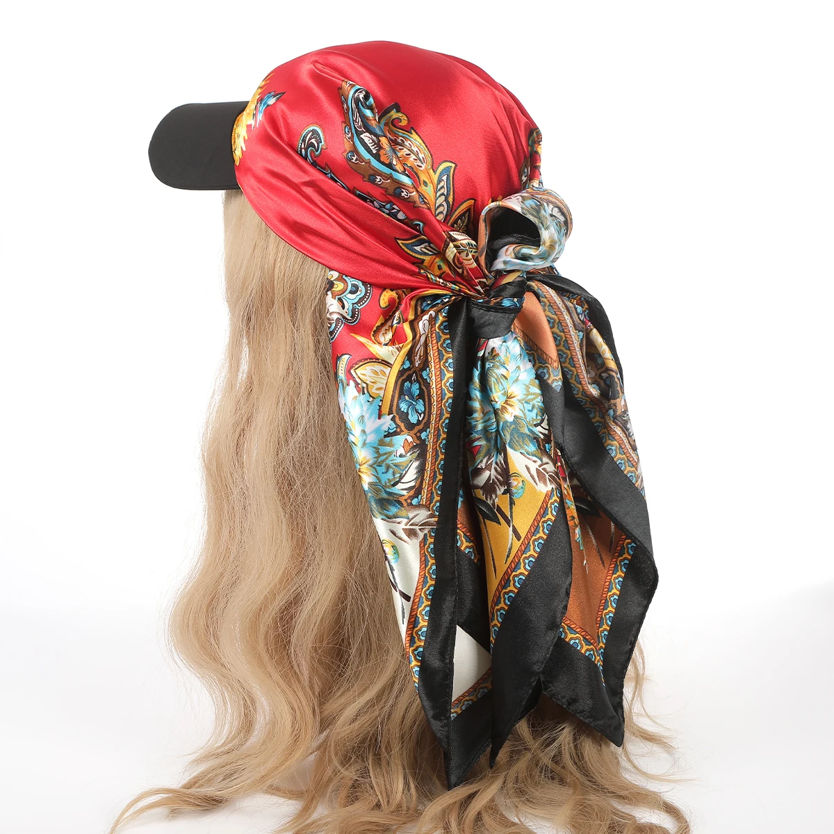 AWAYTR Floral Print Silk Square Scarf Hat Women Soft Satin Kerchief Hairband Neckerchief Head Hijab Lady Headband Headwear