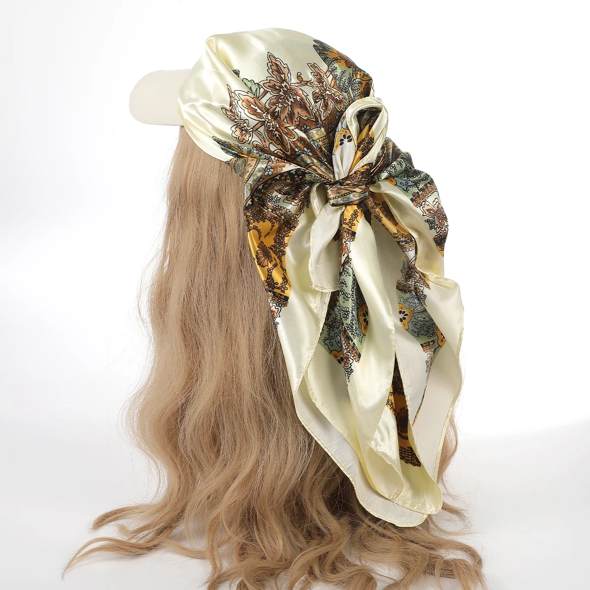 AWAYTR Floral Print Silk Square Scarf Hat Women Soft Satin Kerchief Hairband Neckerchief Head Hijab Lady Headband Headwear