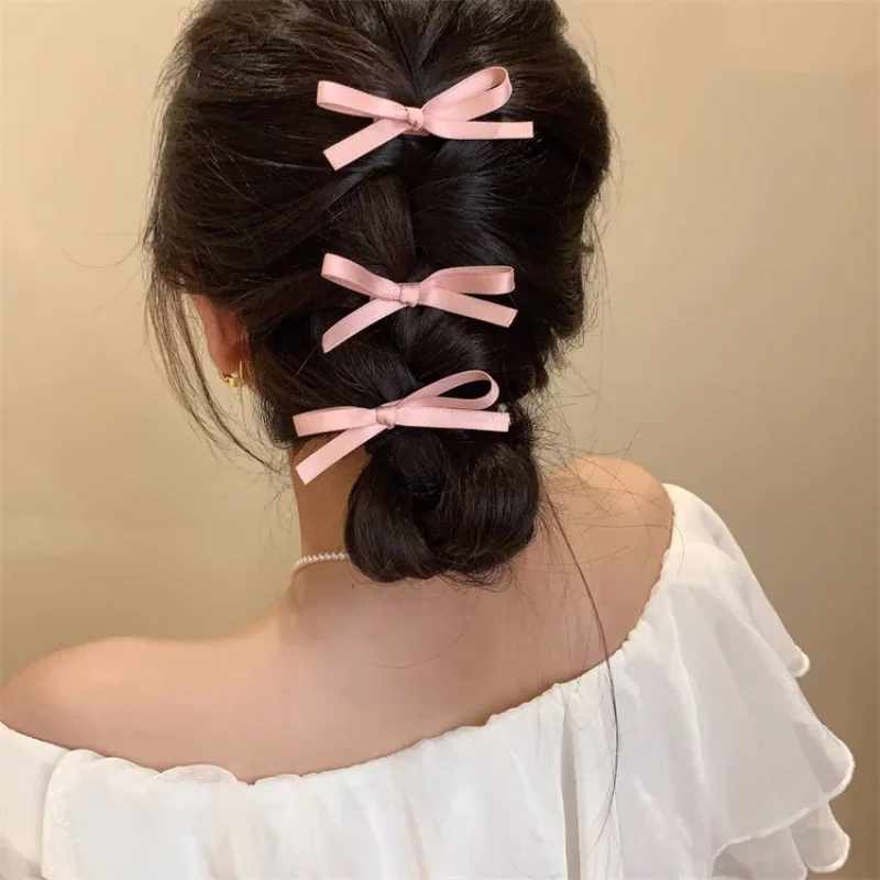 3pcs Ballet Style~Woven Ribbon Bow Hair Clip New Style Does Not Harm Hair, Internet Famous Side Cross Women's Bangs Clip