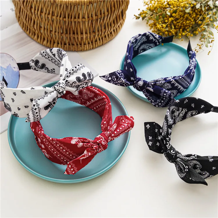 Paisley Bandana Hairbands for Women Fashion Top Knotted Bow Headband Cute Rabbit Ear Turban Headwrap Hair Band Girls Accessories