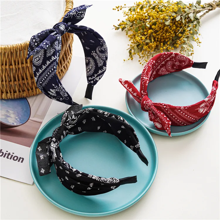 Paisley Bandana Hairbands for Women Fashion Top Knotted Bow Headband Cute Rabbit Ear Turban Headwrap Hair Band Girls Accessories