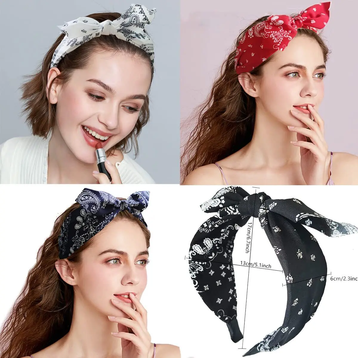 Paisley Bandana Hairbands for Women Fashion Top Knotted Bow Headband Cute Rabbit Ear Turban Headwrap Hair Band Girls Accessories