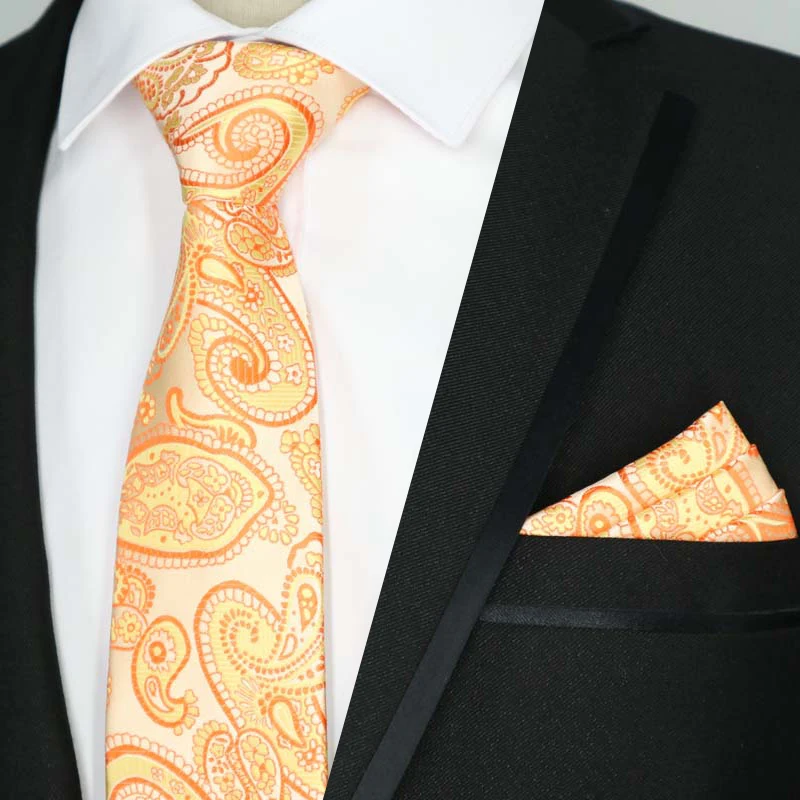Newest Tie Set 8CM Mens Necktie Handkerchief Neck Ties Sets For Man Yellow Color Plaids Stripes Jacquard Cravat Business Party