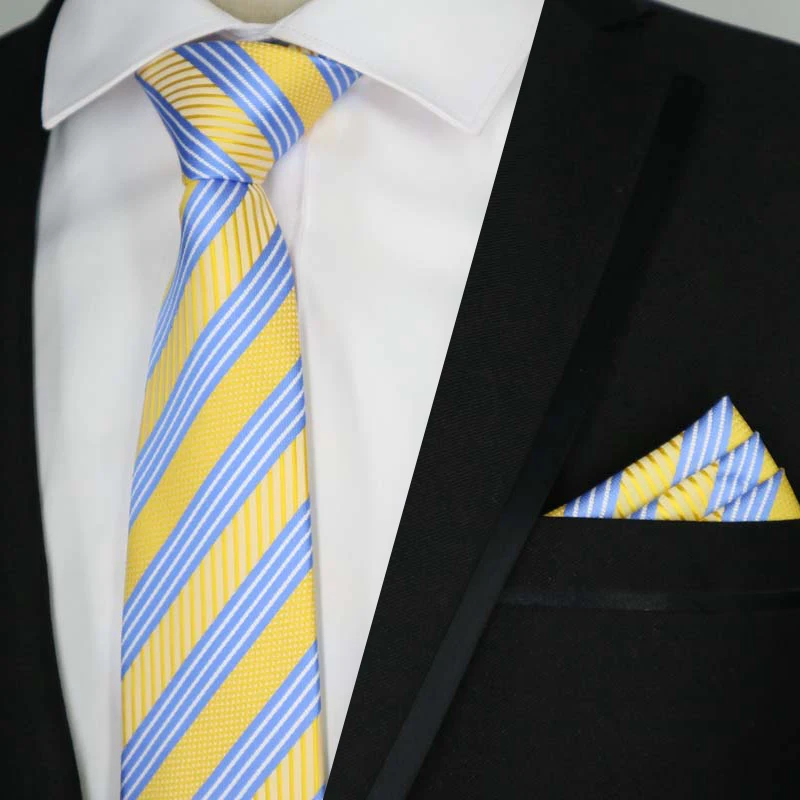 Newest Tie Set 8CM Mens Necktie Handkerchief Neck Ties Sets For Man Yellow Color Plaids Stripes Jacquard Cravat Business Party