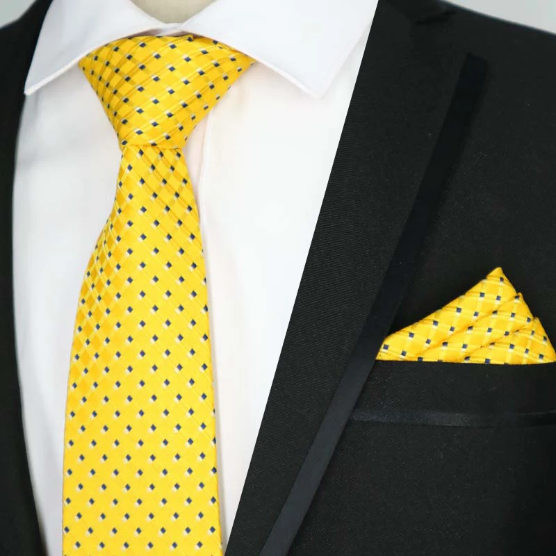 Newest Tie Set 8CM Mens Necktie Handkerchief Neck Ties Sets For Man Yellow Color Plaids Stripes Jacquard Cravat Business Party