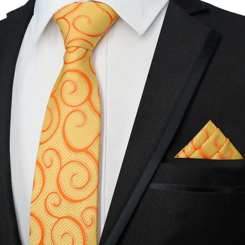 Newest Tie Set 8CM Mens Necktie Handkerchief Neck Ties Sets For Man Yellow Color Plaids Stripes Jacquard Cravat Business Party
