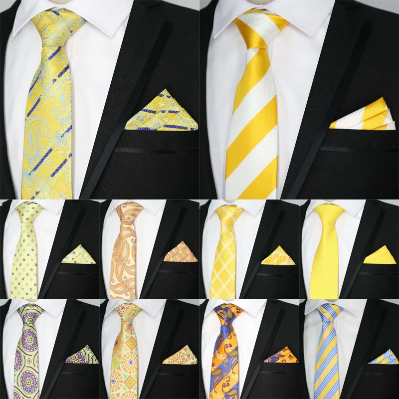 Newest Tie Set 8CM Mens Necktie Handkerchief Neck Ties Sets For Man Yellow Color Plaids Stripes Jacquard Cravat Business Party