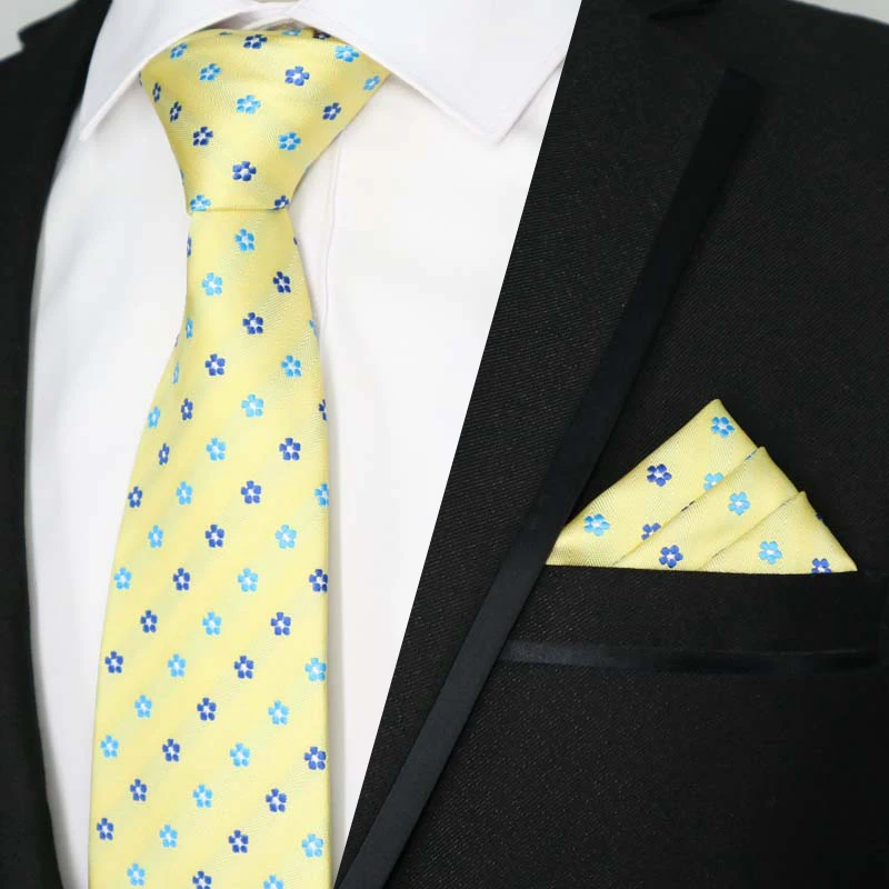 Newest Tie Set 8CM Mens Necktie Handkerchief Neck Ties Sets For Man Yellow Color Plaids Stripes Jacquard Cravat Business Party