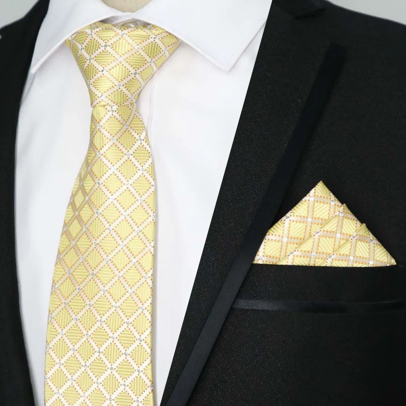 Newest Tie Set 8CM Mens Necktie Handkerchief Neck Ties Sets For Man Yellow Color Plaids Stripes Jacquard Cravat Business Party