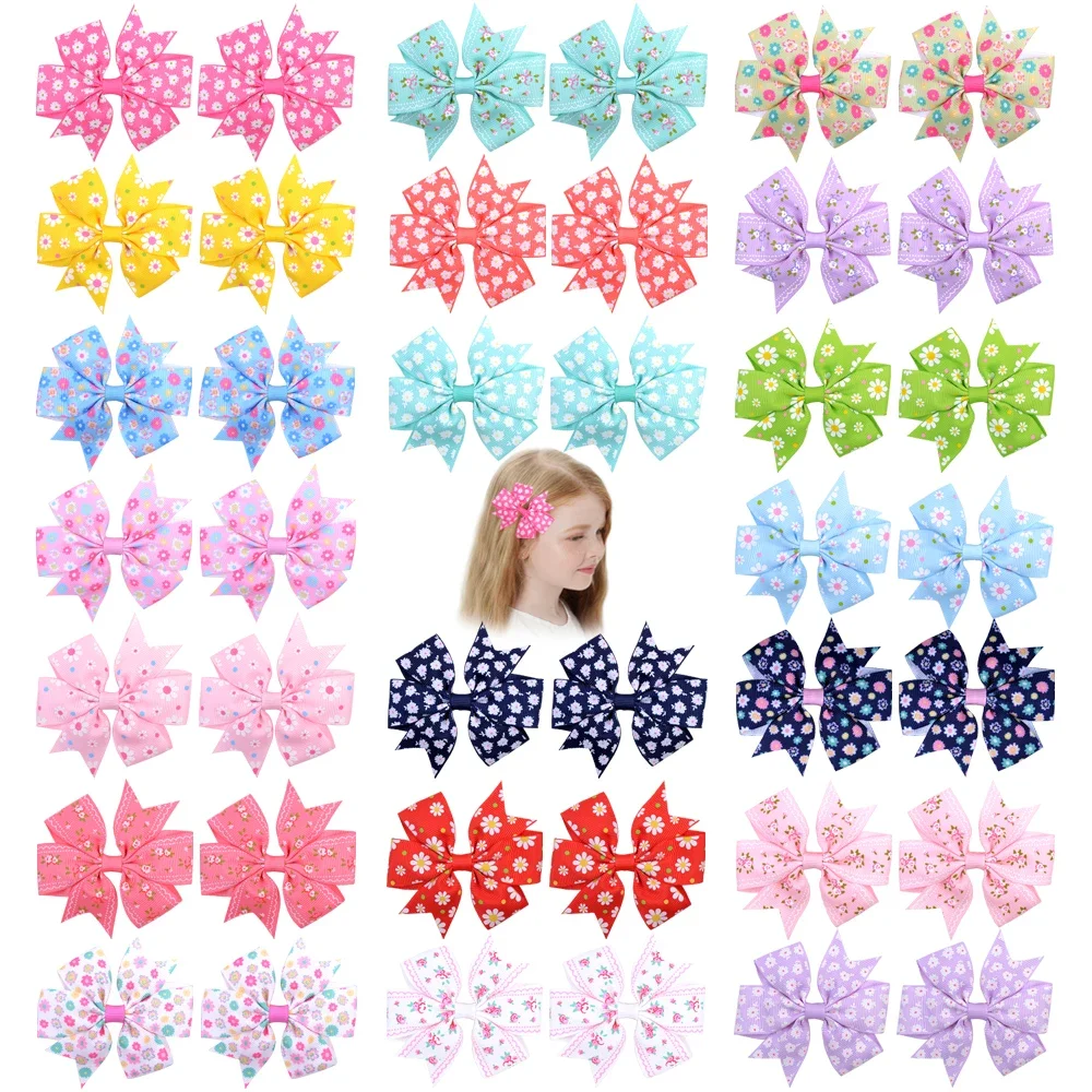 20pcs/set 3.2'' Large Sunflower Dots Ribbon Bows Hair Clips for Baby Girls Grosgrain Hairpins Headwear Kids Hair Accessories