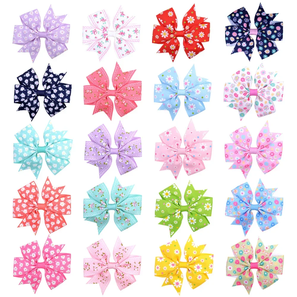 20pcs/set 3.2'' Large Sunflower Dots Ribbon Bows Hair Clips for Baby Girls Grosgrain Hairpins Headwear Kids Hair Accessories