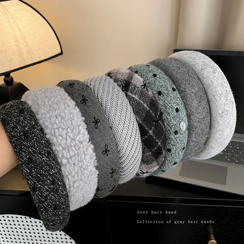 New Grey Headbands Retro Knitted Bow Wool Wide Hair Band for Woman Girl Elegant Hair Hoop Lady Winter Fashion Hair Accessories