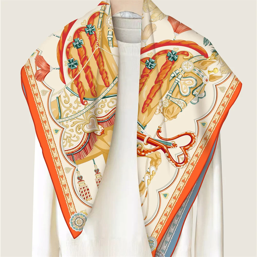 POBING Hand Rolled Twill Silk Scarf Women Two Horse Double Print Square Scarves Wraps Echarpes Foulards Femme Hijab 90CM