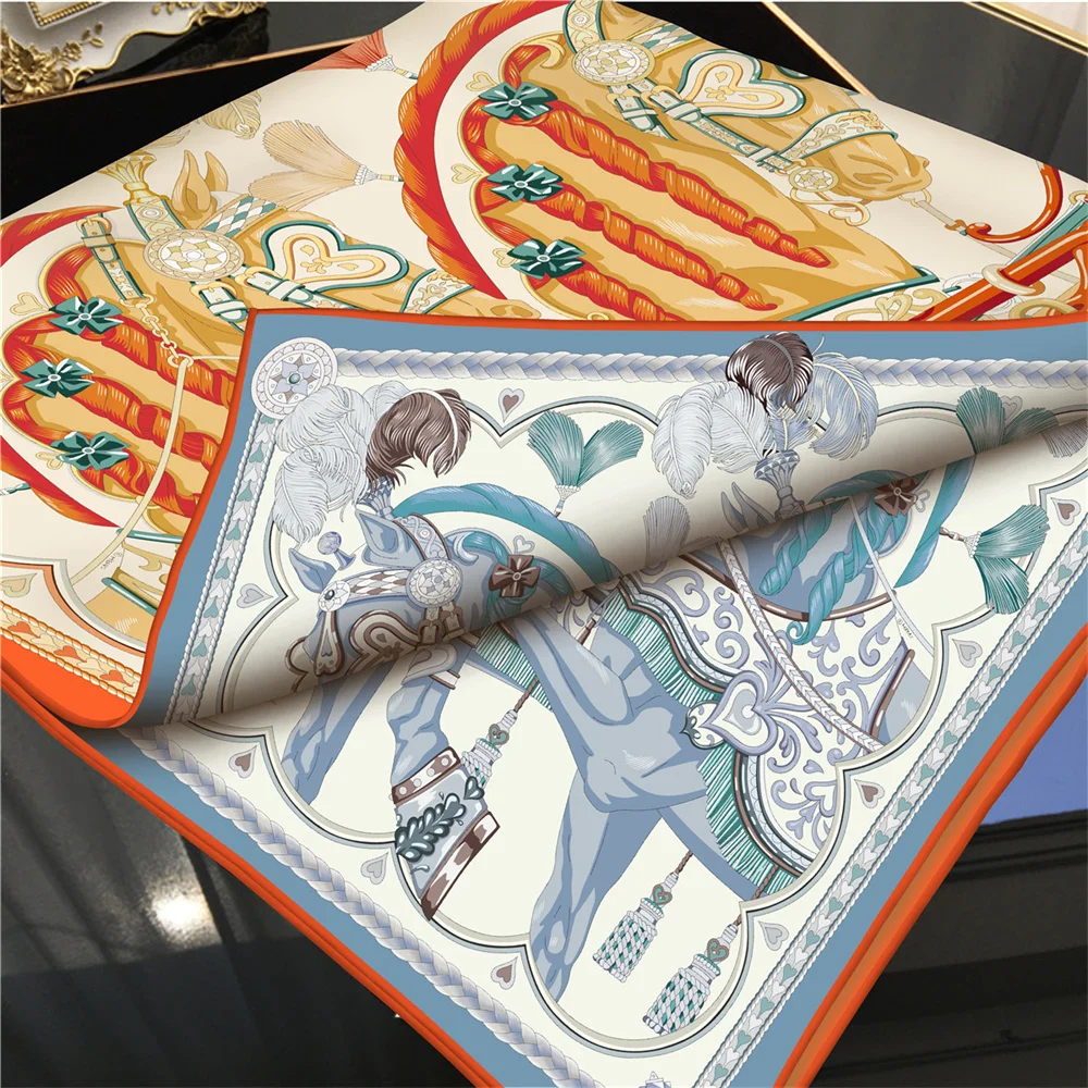 POBING Hand Rolled Twill Silk Scarf Women Two Horse Double Print Square Scarves Wraps Echarpes Foulards Femme Hijab 90CM