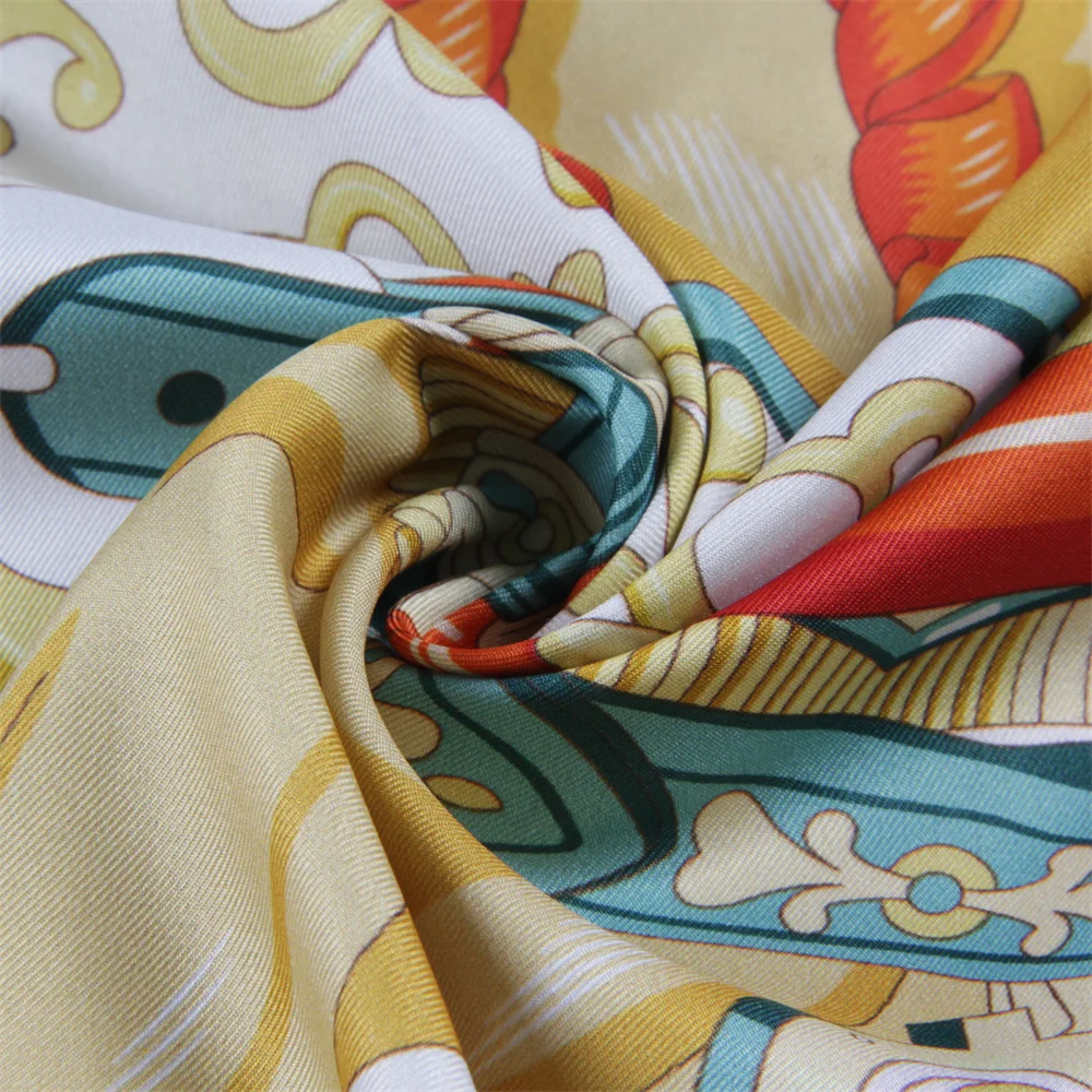 POBING Hand Rolled Twill Silk Scarf Women Two Horse Double Print Square Scarves Wraps Echarpes Foulards Femme Hijab 90CM