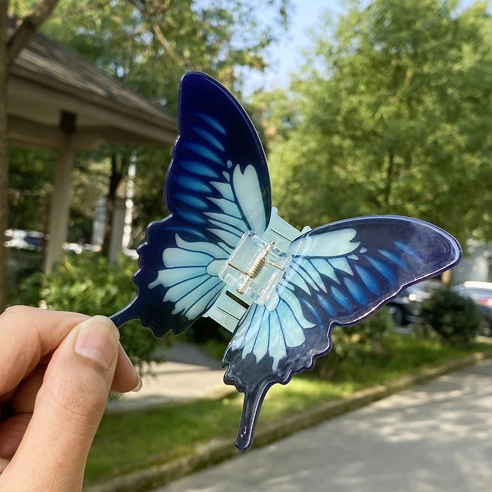 Blue Gradient Color Butterfly Acrylic Big Hair Claw Clip For Women Girls New Fixed Ponytail Crab Clamp Hair Accessories Tool