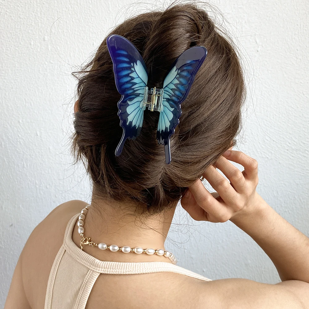 Blue Gradient Color Butterfly Acrylic Big Hair Claw Clip For Women Girls New Fixed Ponytail Crab Clamp Hair Accessories Tool