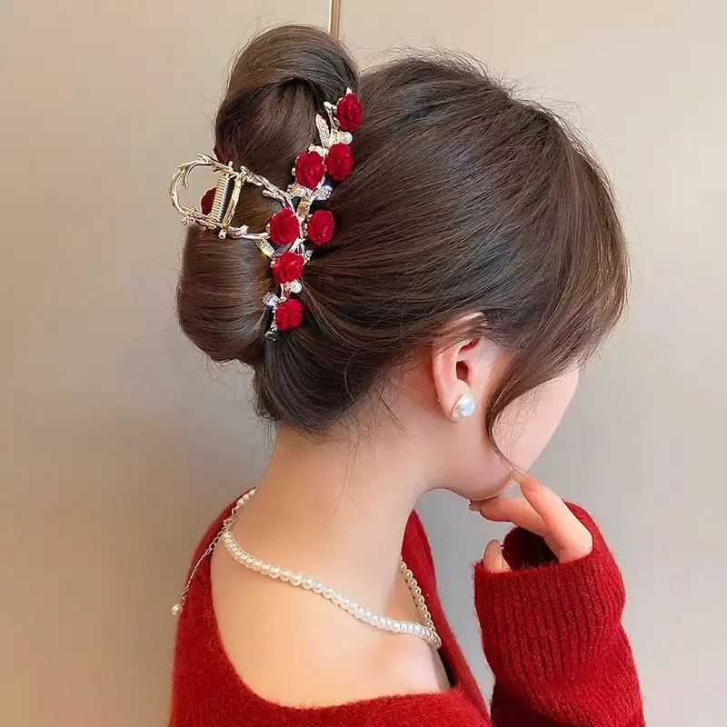 Rose Flower High-End Hairpin, New Rose French Style Elegant Back-Of-Head Clip, Metal Hair Accessory for Updos, Shark Clip