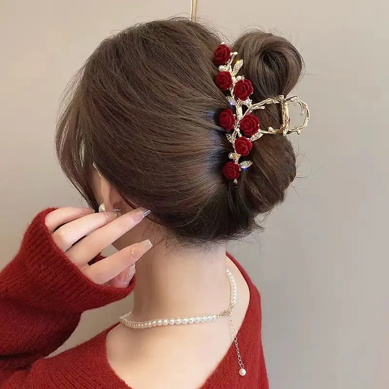 Rose Flower High-End Hairpin, New Rose French Style Elegant Back-Of-Head Clip, Metal Hair Accessory for Updos, Shark Clip