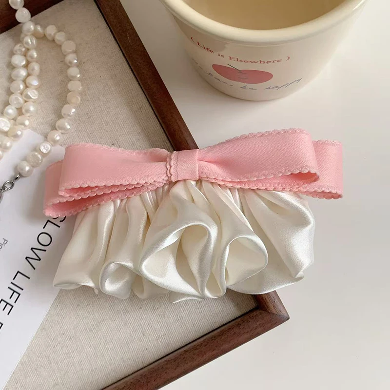 1pc sweet lace satin pleated bow hair clip, French elegant and versatile spring clip, fashion new contrast design spring clip