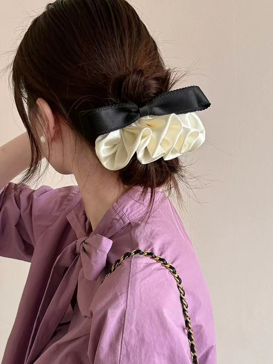 1pc sweet lace satin pleated bow hair clip, French elegant and versatile spring clip, fashion new contrast design spring clip
