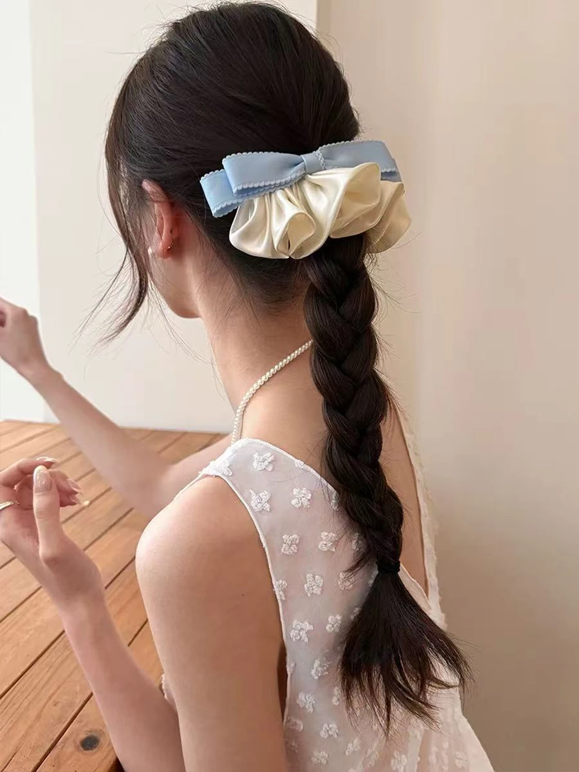 1pc sweet lace satin pleated bow hair clip, French elegant and versatile spring clip, fashion new contrast design spring clip